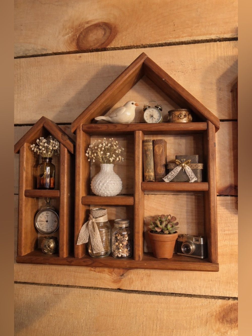Vintage Wood House Shaped Wall Decor Art Gallery Curio Shelf